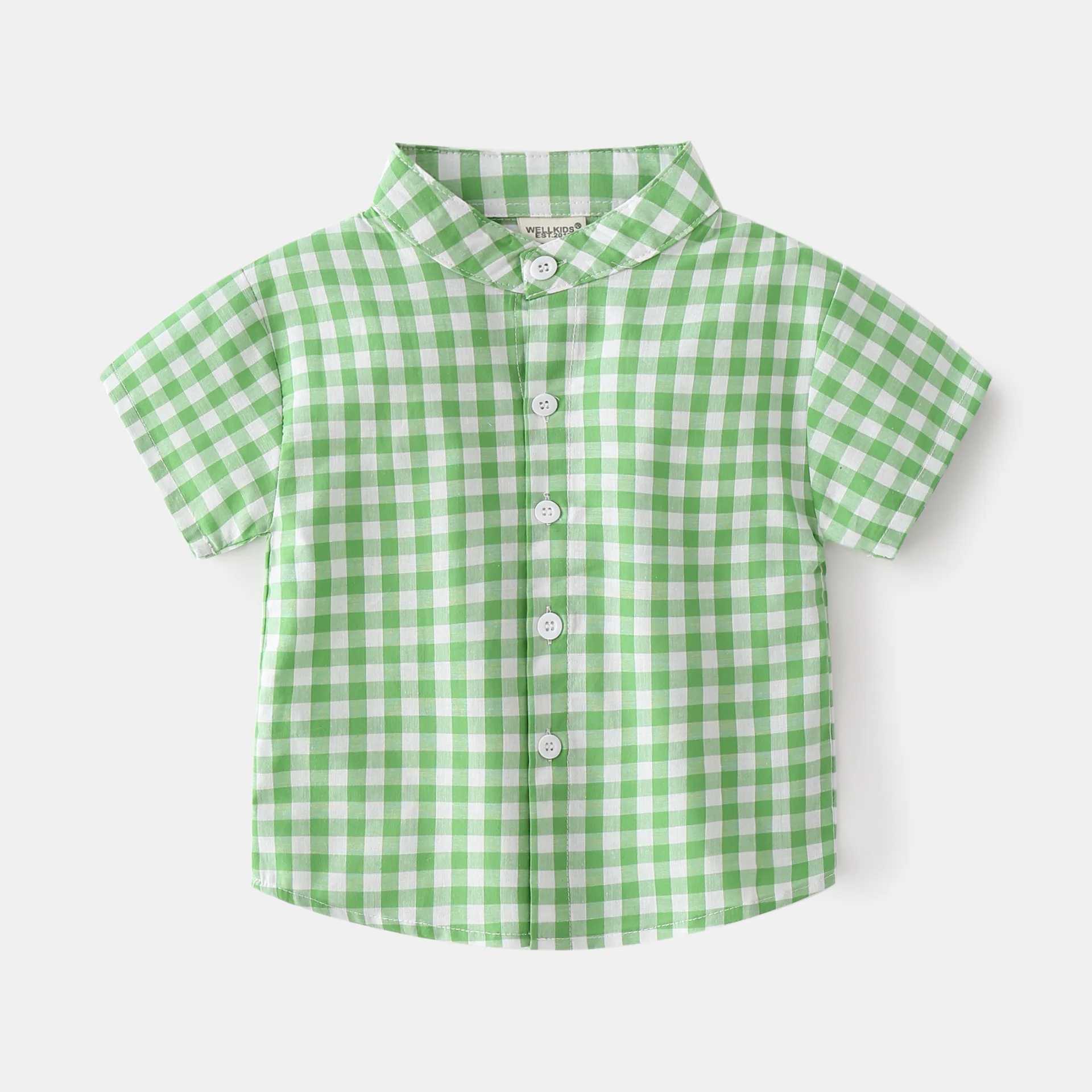 Plaid Fashion Boys Shirt Stand up Collar Childrens Summer Clothing Childrens Top Childrens ClothingW240729
