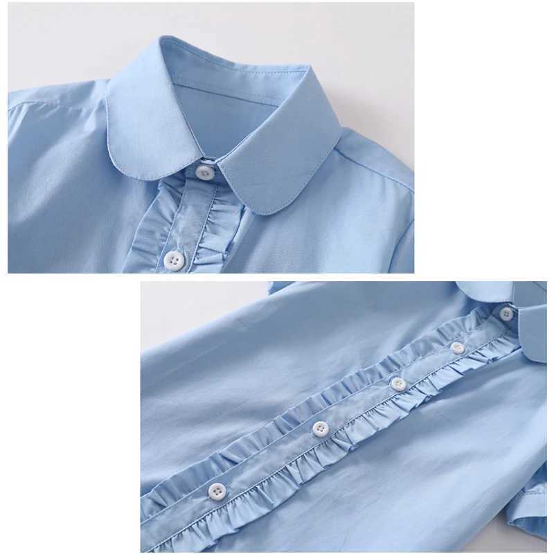Summer Shirts for Teenage Girls Cotton Short Sleeve White Blouses Pupil School Uniform Girls Puff Sleeve Blue Tops 4 8 12 16W240729