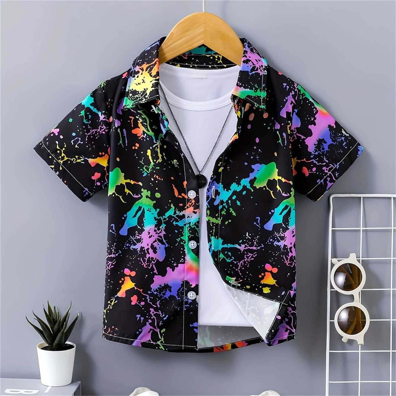 Colorful splash ink printing boys creative shirt casual short sleeved lapel shirt top childrens boys summer outdoor T-shirtW240729