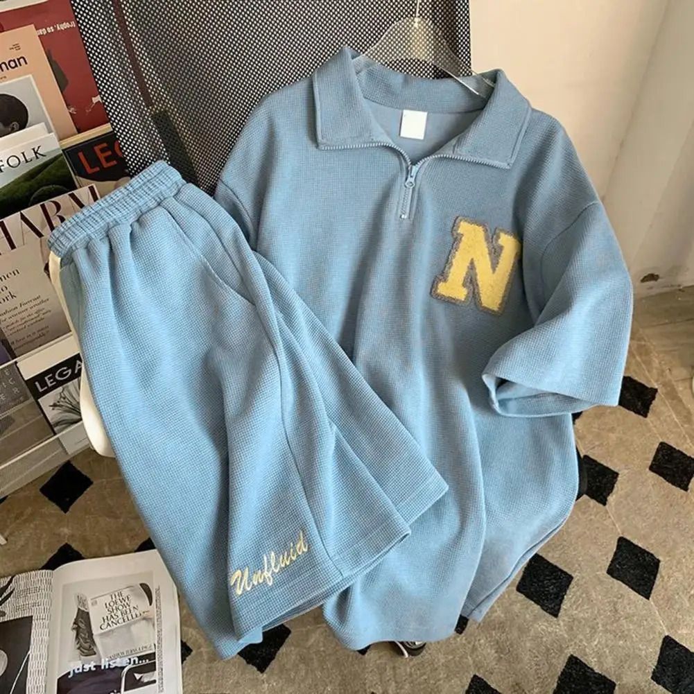 Waffle Sports Suit Unisex Summer Men Loose Short Sleeve T-shirt Shorts Jogger Outfit Two-piece Set Letter Print Casual Tracksuit 240729