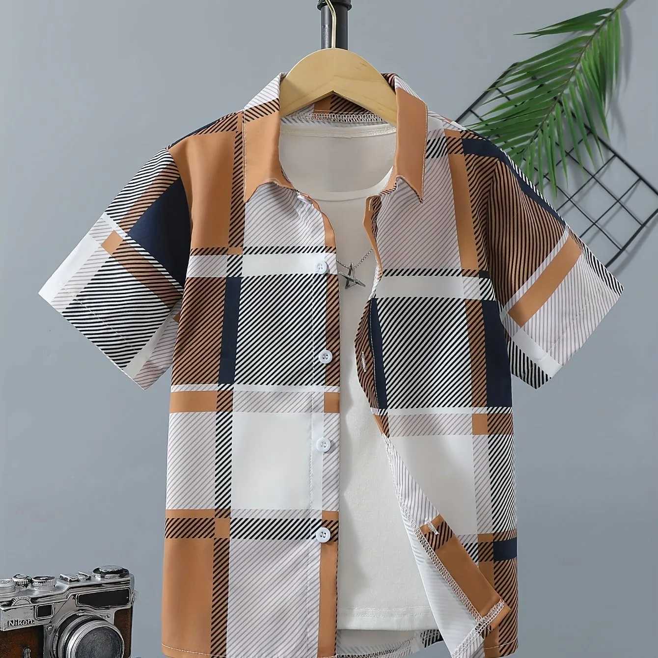 Black and white striped plain printed boys creative shirt casual short sleeved lapel shirt top boys clothing childrens summer outdoorW240729