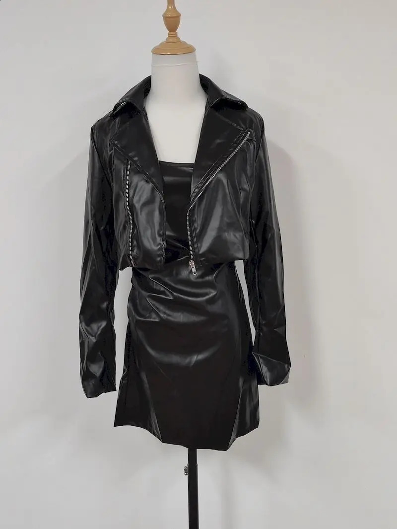 Spicy Girl Motorcycle Leather Coat Hanging Strap Dress Two Piece Set Women Fashion Lapel Temperament Solid Cool Spring Suit 240729