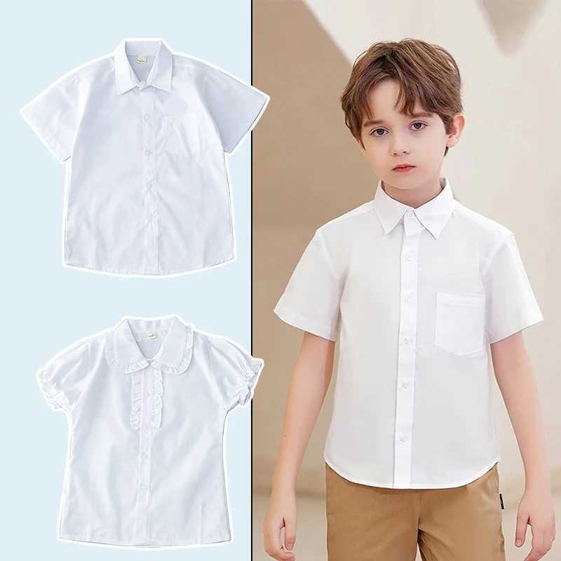 Linen pure cotton white shirt 2024 youth summer white T-shirt new childrens comfortable top childrens clothing button up shirtW240729