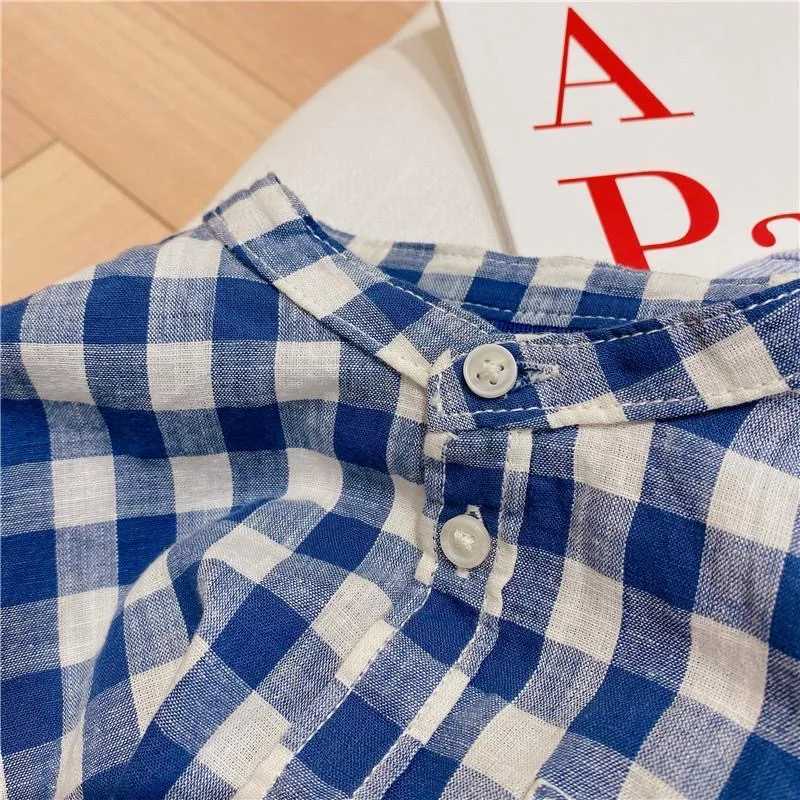 Summer new childrens shirt 2022 boys solid color striped washed cotton shirt baby stand collar short sleeved shirtW240729