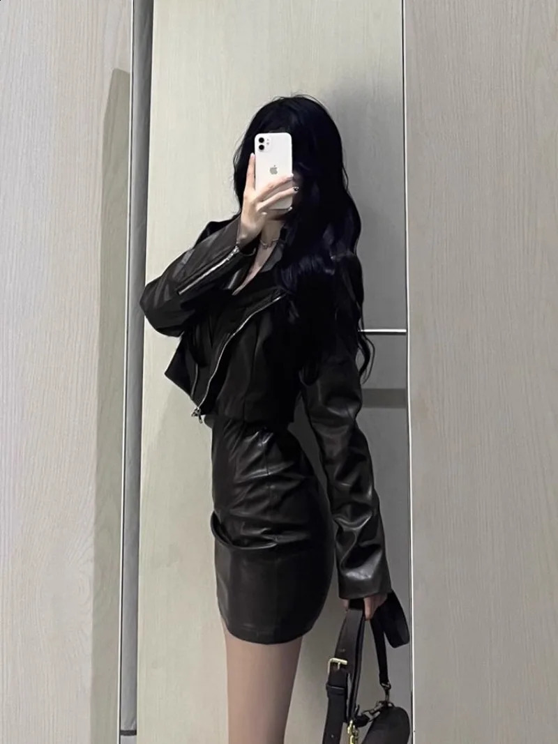 Spicy Girl Motorcycle Leather Coat Hanging Strap Dress Two Piece Set Women Fashion Lapel Temperament Solid Cool Spring Suit 240729