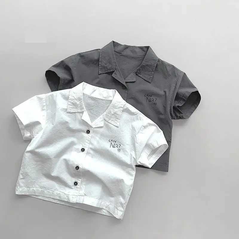 2024 Summer New Childrens Short sleeved Collar Shirt Cotton Boys and Girls Thin Casual Top Letter Printing Childrens Loose ClothesW240729