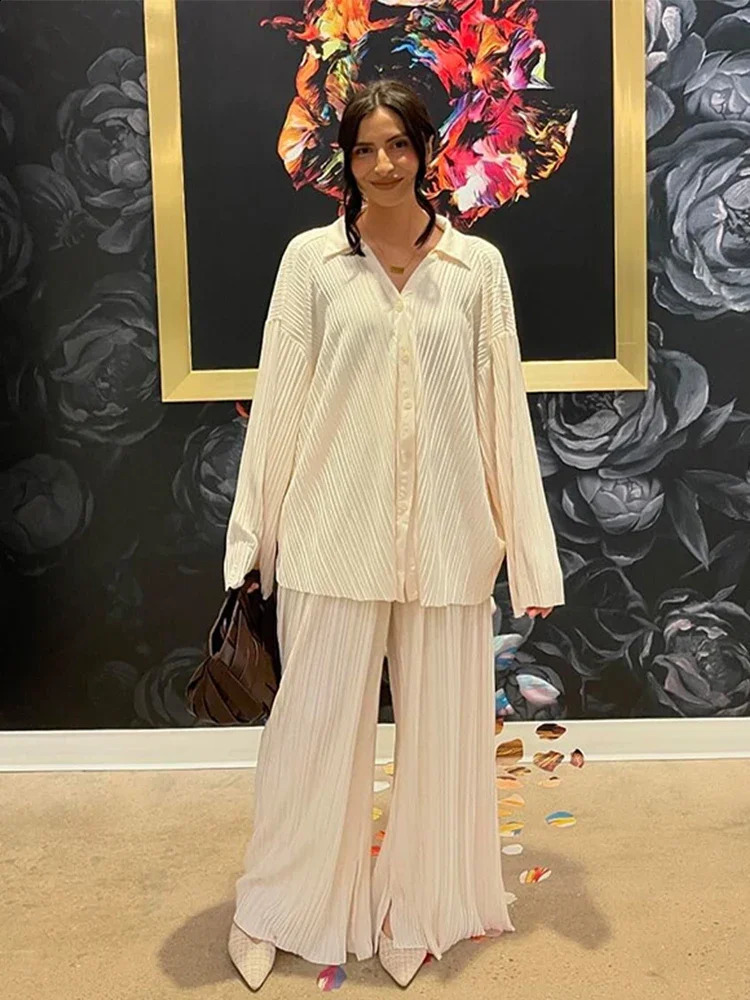 Oversized Pleated Pants Sets Women Long Sleeve Single Breasted V Neck Shirt Wide Leg Trousers Fashion Two 2 Piece Set Outfits 240729