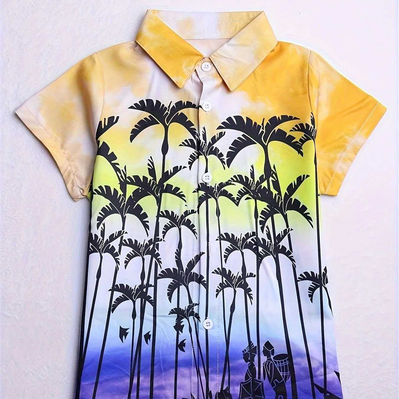 Beach coconut tree print boys creative shirt casual short sleeved lapel childrens shirt top boys summer outdoor clothingW240729