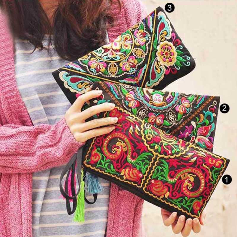Women Floral Embroidered Boho Wristlet Girls Evening Clutch Bags Handbags Handmade Beach Bag With LanyardXJ240729