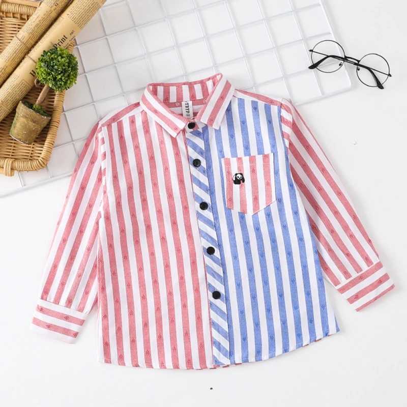 2-9Y childrens shirt chic colored striped lapel long sleeved shirt boys and girls panda embroidered cotton soft single chest shirtW240729