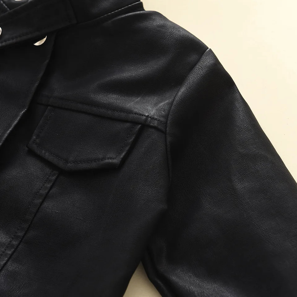 hibobi Toddler Boy Solid Color Casual Fashion Button and Pocket Front Stand Up Collar Zipup Leather Jacket 240723