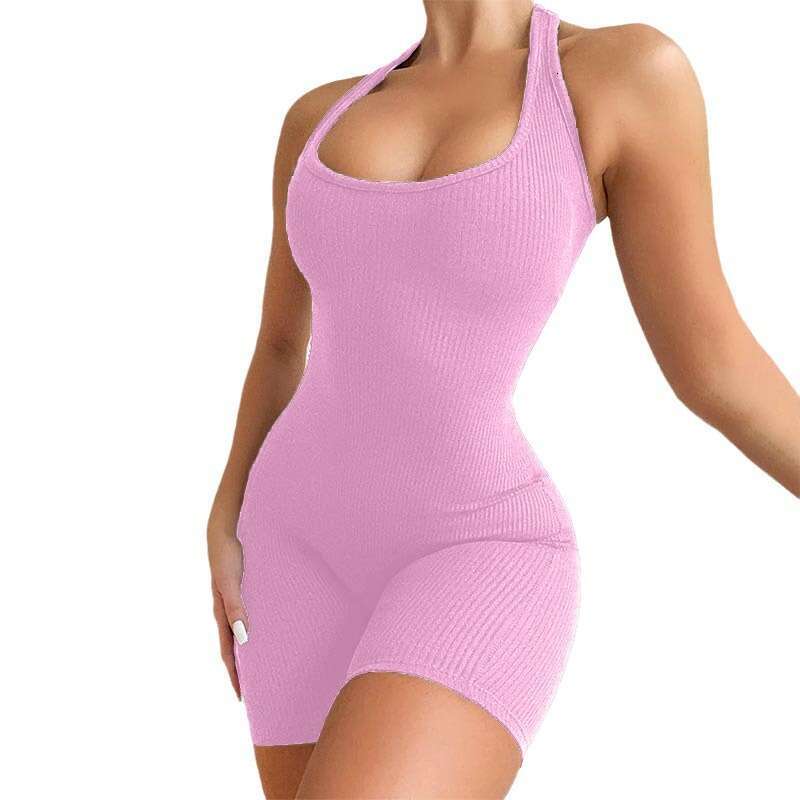 Fashionable Summer Womens Work Back U-neck Sexy Solid Color Tight Fitting Hip Hugging Sports Jumpsuit Yoga Pants Short Yoga Clothes