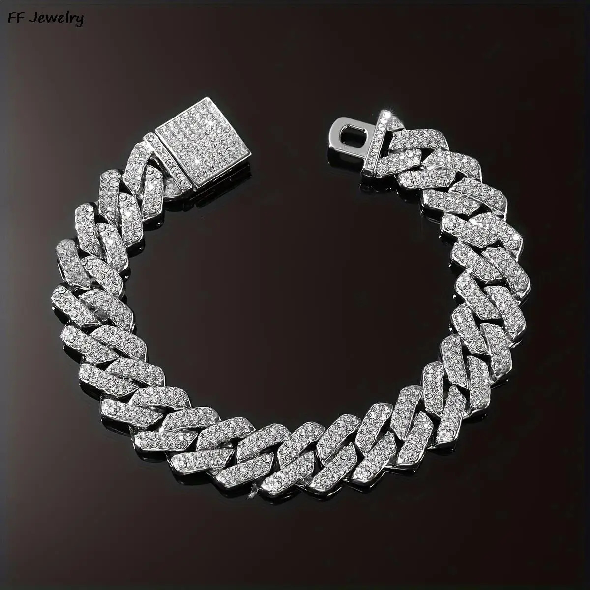 14mm Hip Hop Shiny Cuban Link Chain Bracelets Women Men Gold Color Rhinestone Iced Out Chain Bracelets Punk Wristband Jewelry 240717