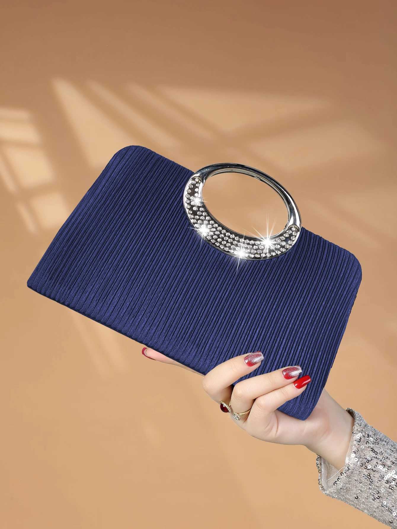 Glamorous Glitter Bling Luxury Shiny Rhinestone Decor Ruched Panel Chain Glitter Square Bag Perfect Bride Evening BagXJ240729