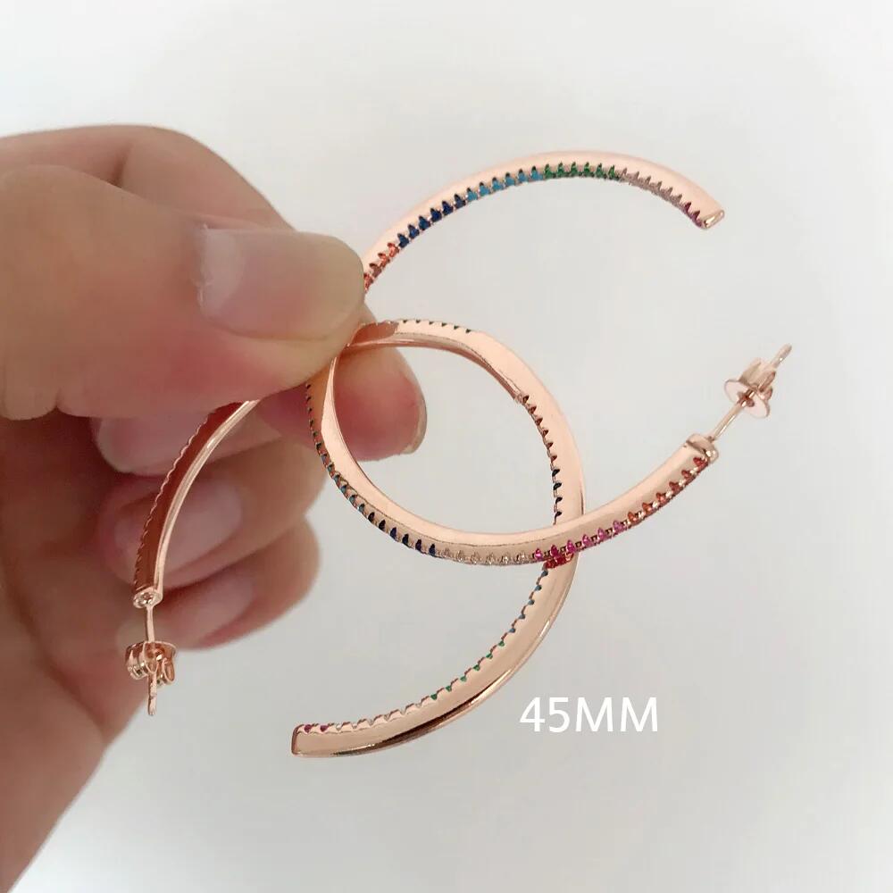 2024 Top quality delicate rainbow CZ hoop earring with colorful Rhinestone 45 mm Circle earring for women rose gold color fashion jewelry