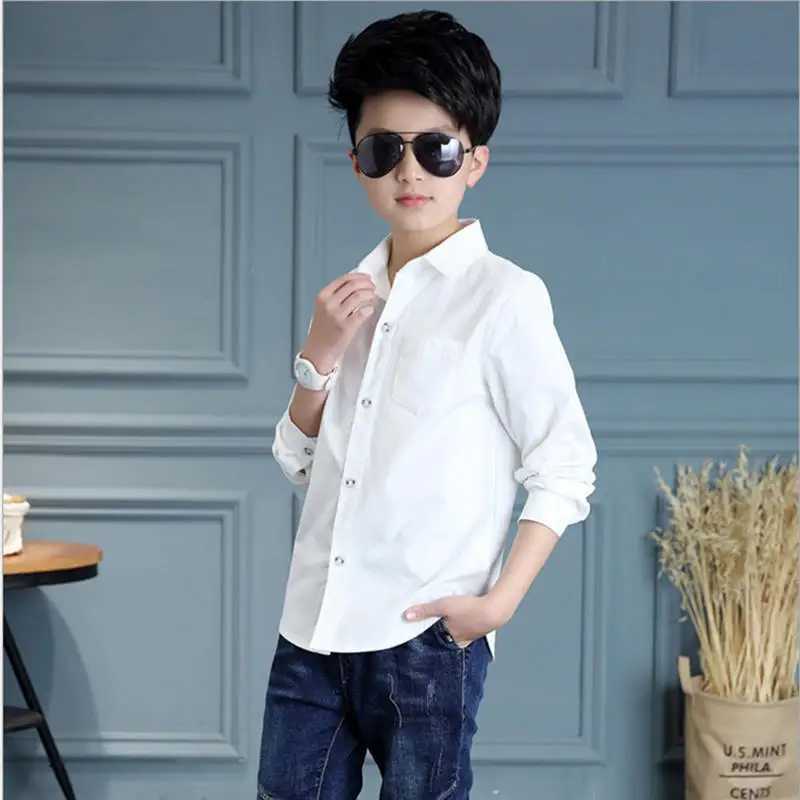 Childrens Clothing Spring 2021 Long sleeved Boys Shirt Fashion Pure Cotton White Shirt Childrens Collar Button Top 8 12yW240729