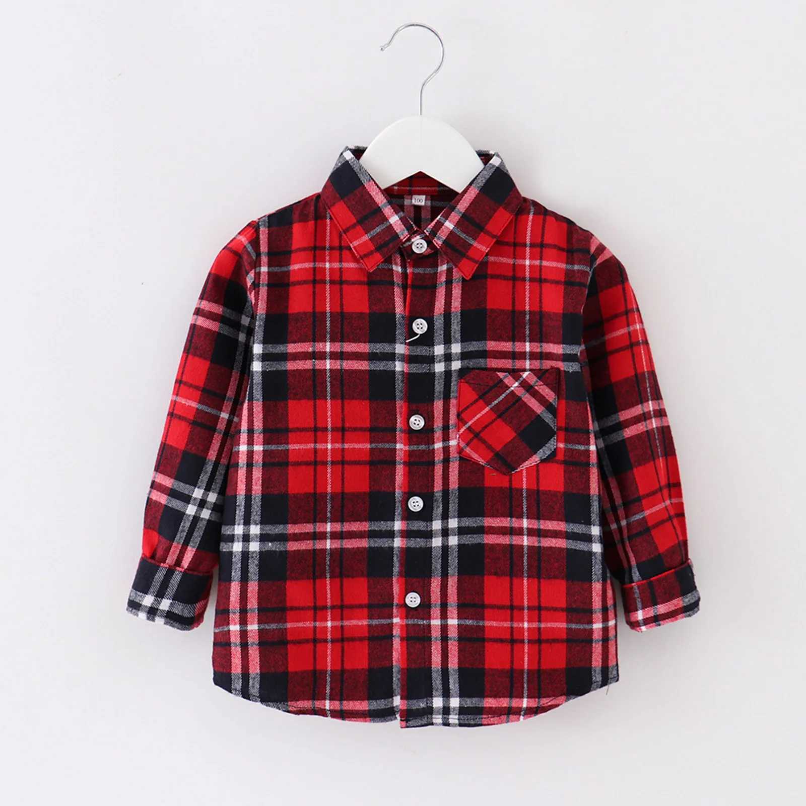 Childrens boys flannel plain shirt collar button up top baby boys and girls Y2k style long sleeved shirtW240729