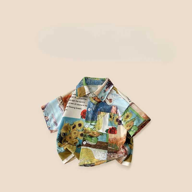 Childrens summer vintage oil painting shirt boys floral shirt childrens casual top childrens clothingW240729