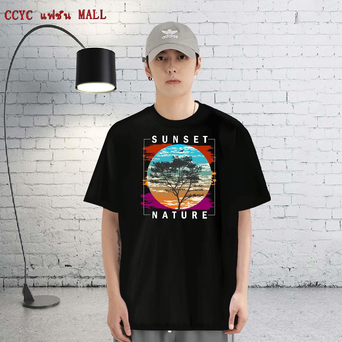 Loose Mens Tshirts 230g Cotton Street tree Cartoon Print Breathable Soft Fashion Mens T Shirts Top Tees
