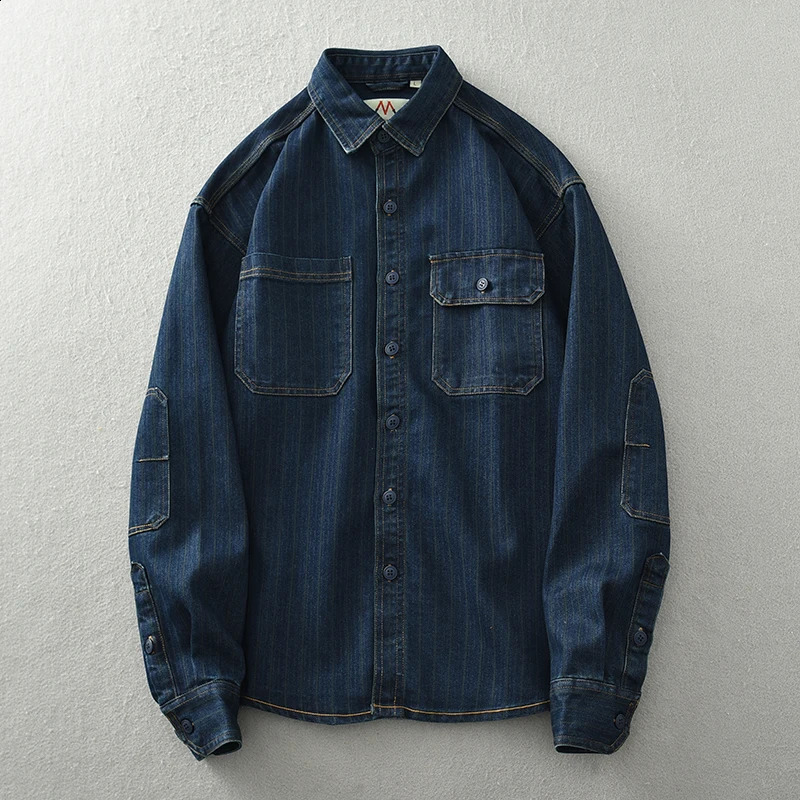 Vintage washed vertical stripe denim shirt mens loose large size cotton long-sleeved shirt jacket 240820