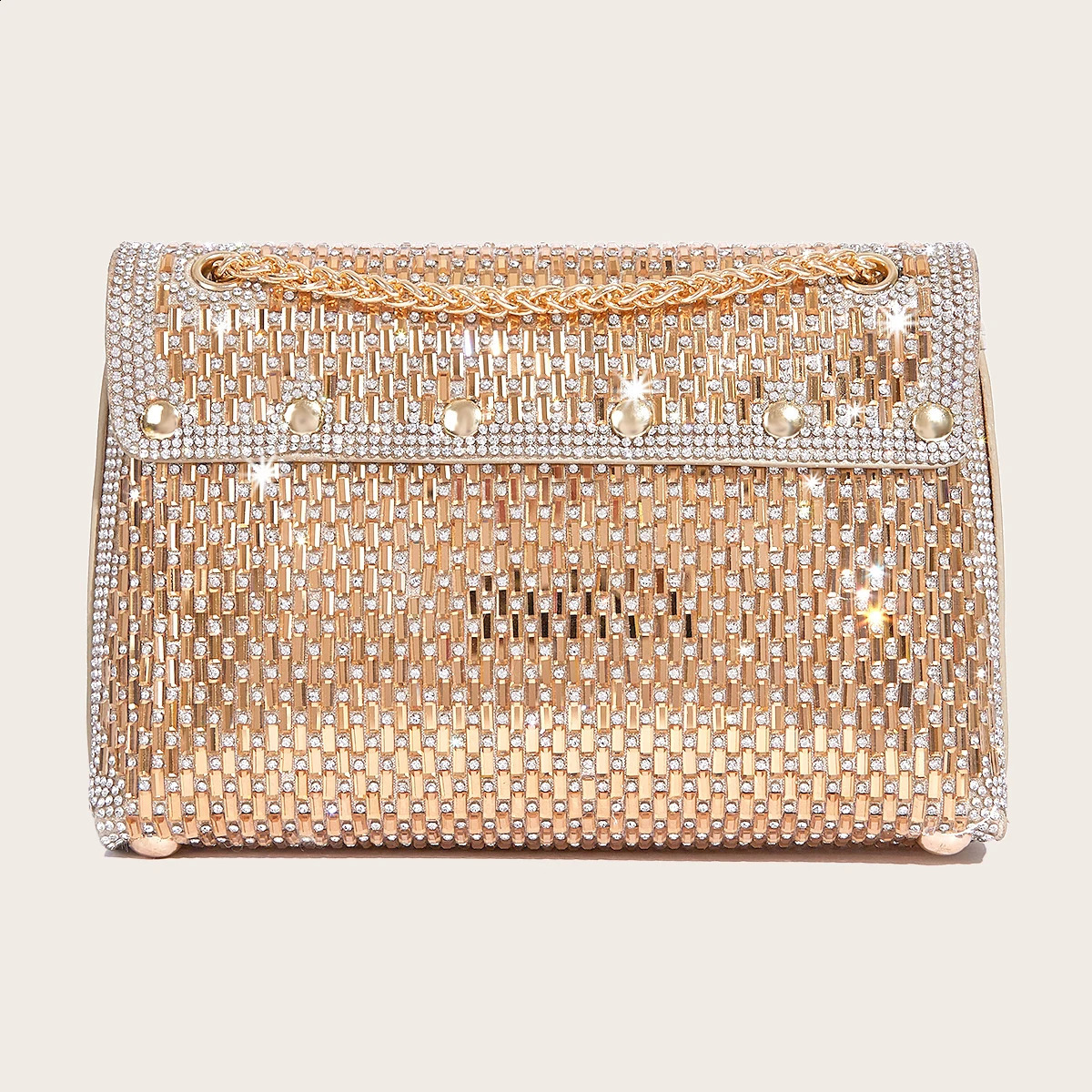 Womens Shoulder Bag Full Rhinestone Shiny Gold Clutch Party Evening Fashion Handbag Silver Square Purse 240729