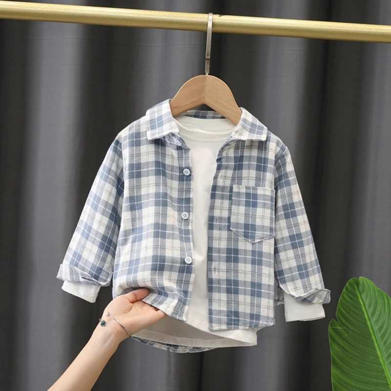 Spring and autumn childrens tops cotton shirts blue checkered childrens clothing childrens clothing unisex baby shirts childrens clothing 1-6YW240729