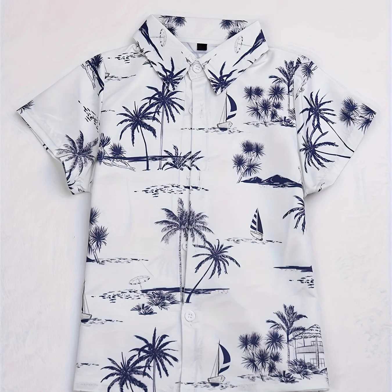 Beach coconut tree print boys creative shirt casual short sleeved lapel childrens shirt top boys summer outdoor clothingW240729