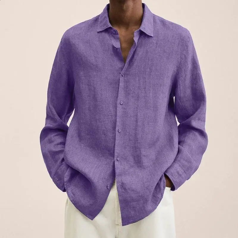 Autumn Long Sleeved V-neck Shirt Loose Mens Long Sleeve Shirt Solid Color Casual Style Mens Casual Linen Shirt 240729
