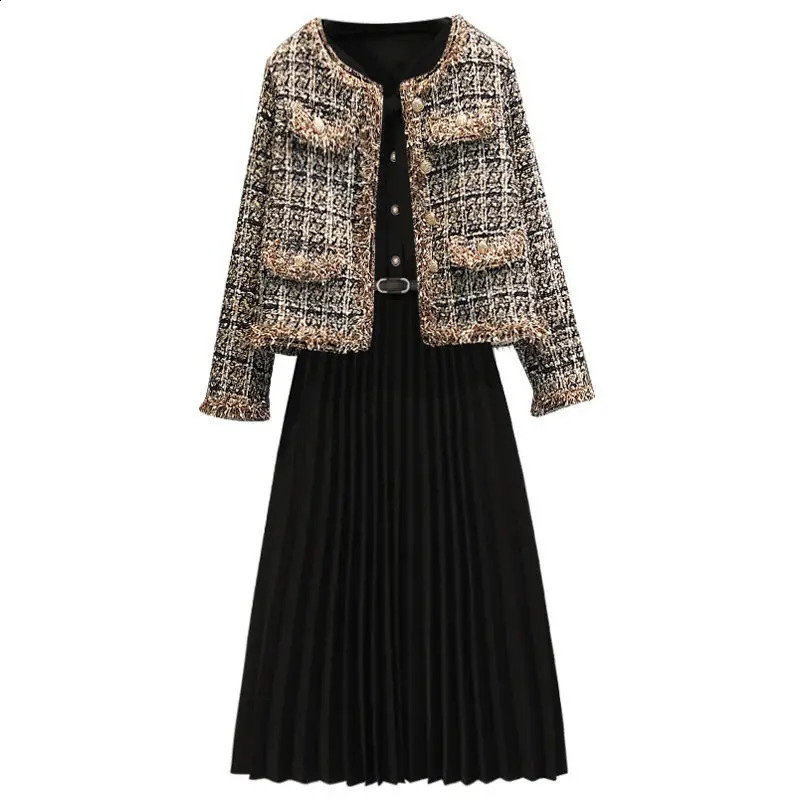 Korean Autumn Plaid Splice Knitted Jacket Coat Long Sleeve Pleated Dress Two Piece Elegant Womens Skirt Set 240729