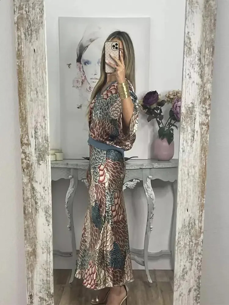 Women Elegant Print Stain Skirt Sets Fashion Loose V Neck Half Sleeve Shirt Two Pieces Suits Summer Chic Office Lady Outfit 240729