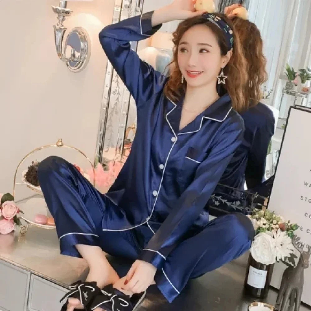 M-5XL Solid Women Pajamas Elegant Classic Fashion Casual Female Sleepwear Spring Fall Long Sleeve Pants House Clothes 240729