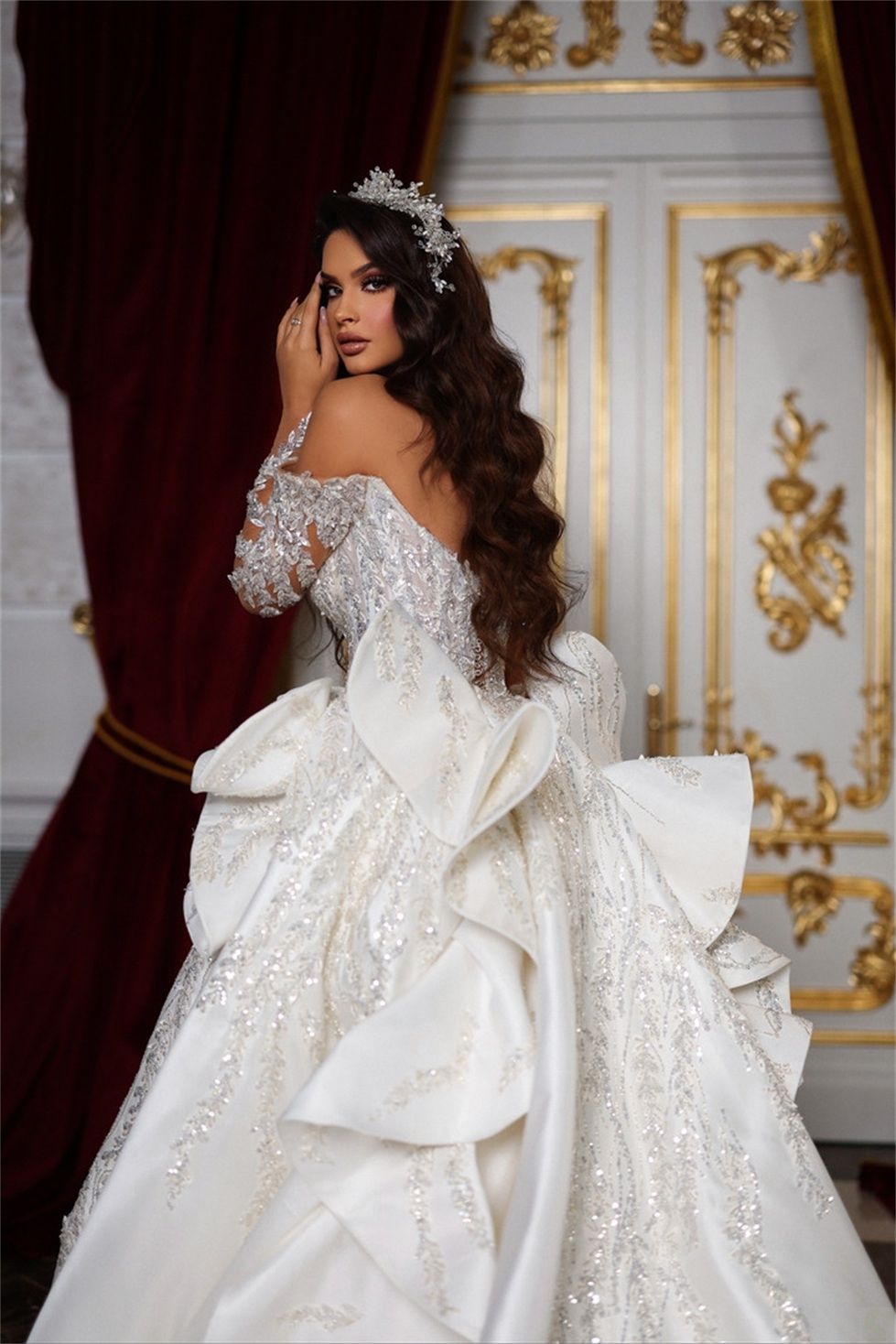 Sequined Mermaid Wedding Dress Deep V Neck Bridal Gown Custom Made Full Sleeve Shiny Vestido De Novia