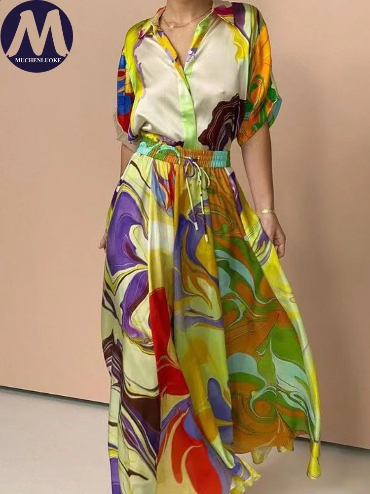 Elegant 2piece Sets for Women Summer Fashion Printing Half Sleeved Shirt Top Suits Casual Loose Lace Up High Waisted Skirt Set 240729