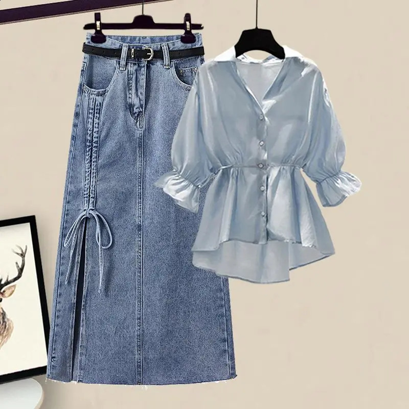 Large Size Summer Womens Suit French Shirt Waist Up Slimming Half Skirt Two Piece Set for Woman Skirts 240729