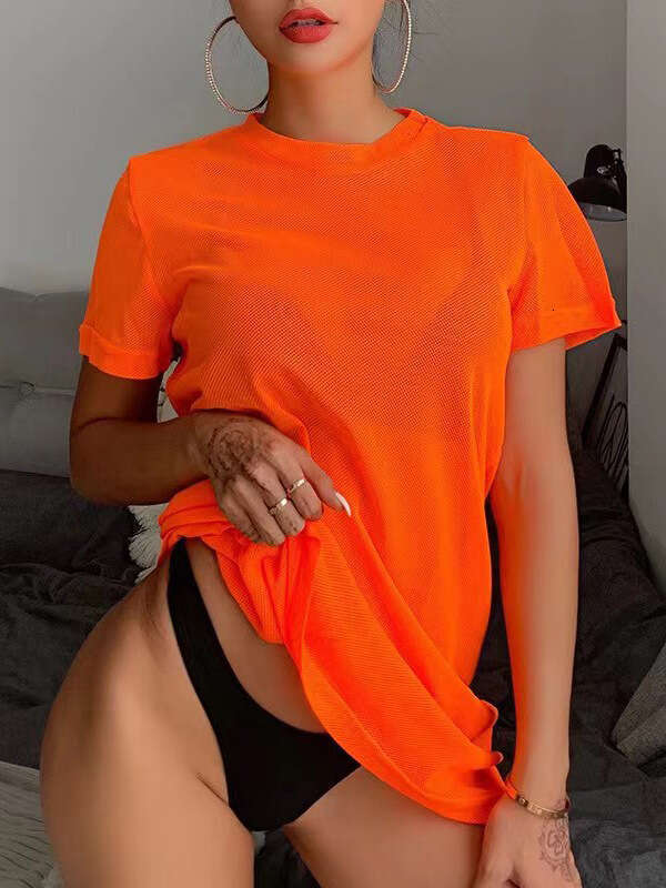 Fashionable Summer Womens Sexy Hollow Out Square Grid Spicy Girl Style Fluorescent Base Shirt Top T-shirt Waist Self-cultivation Round Neck Dress Silk