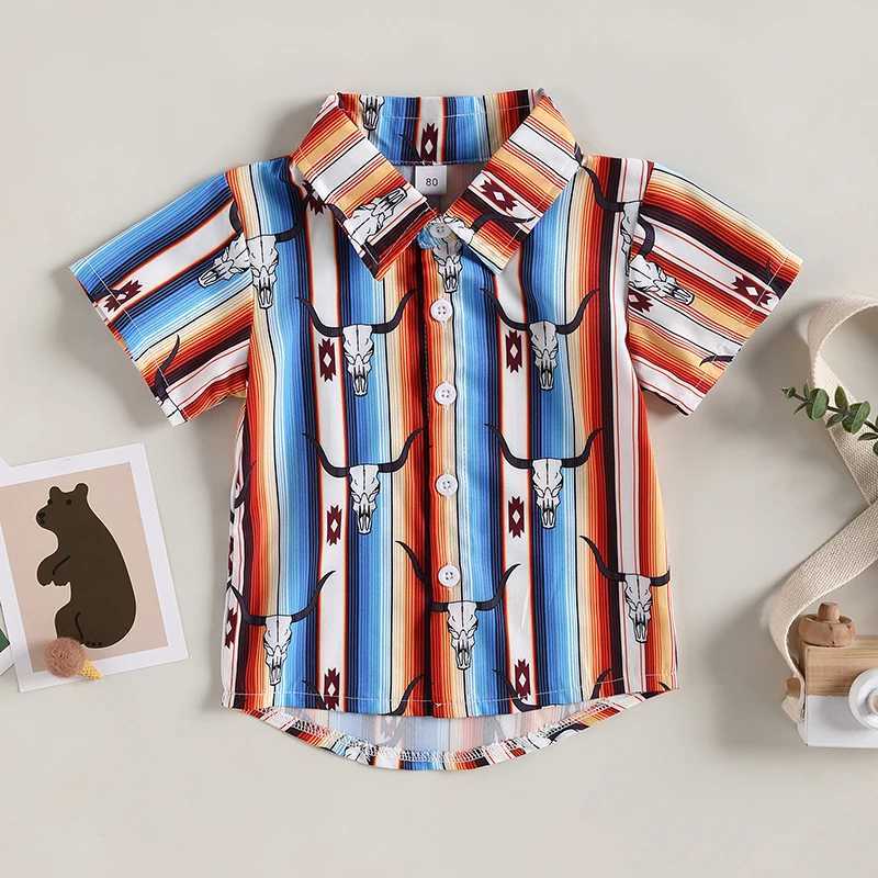 FOCUSNORM 0-4Y Summer Preschool and Childrens Shirt Denim Head Printed Short Sleeve Collar Single Chest Casual TopW240729