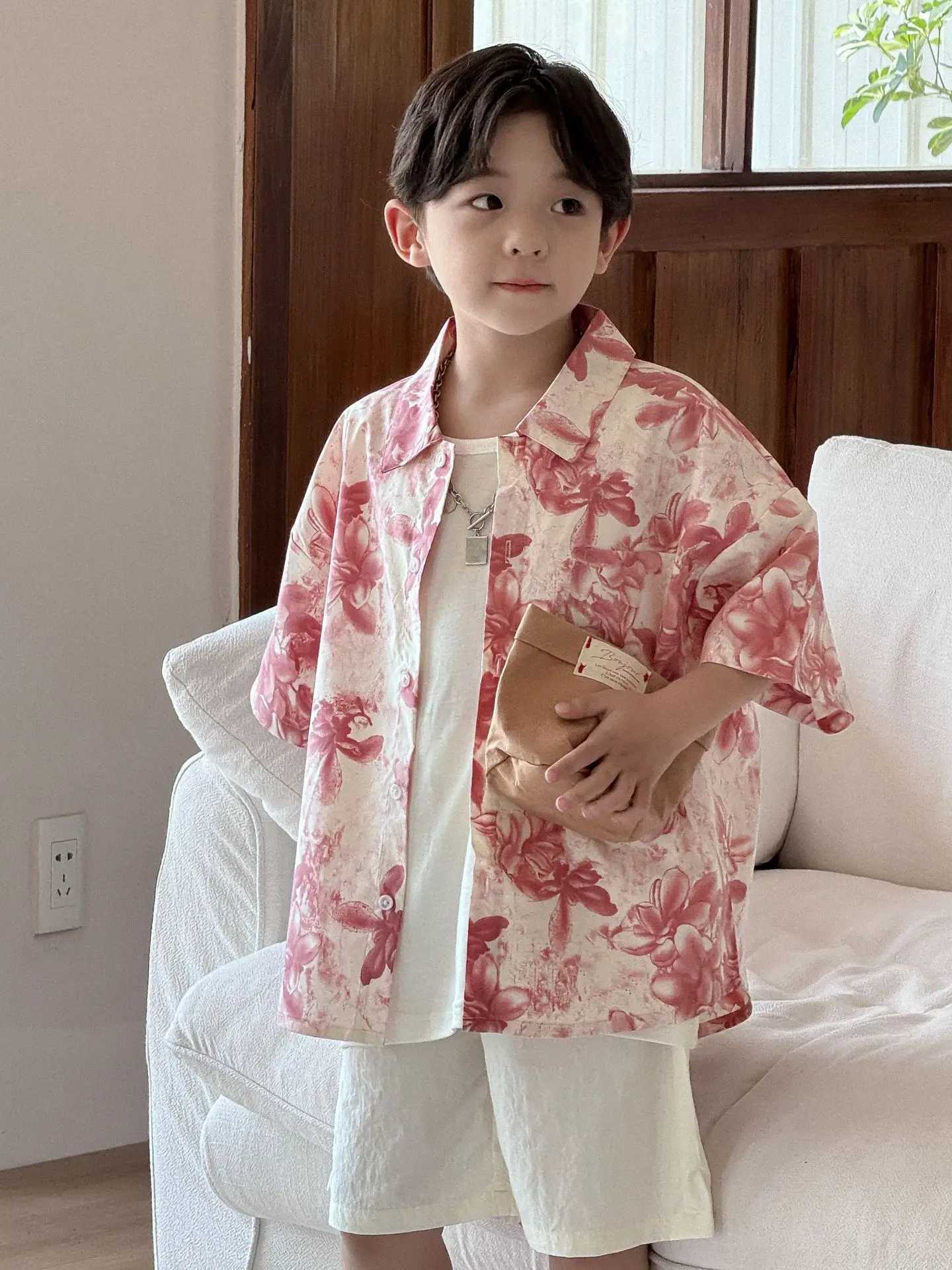 2024 Summer New Boys Korean Childrens Clothing Washed Cotton Fabric Pink Flower Printed Short Sleeve ShirtW240729