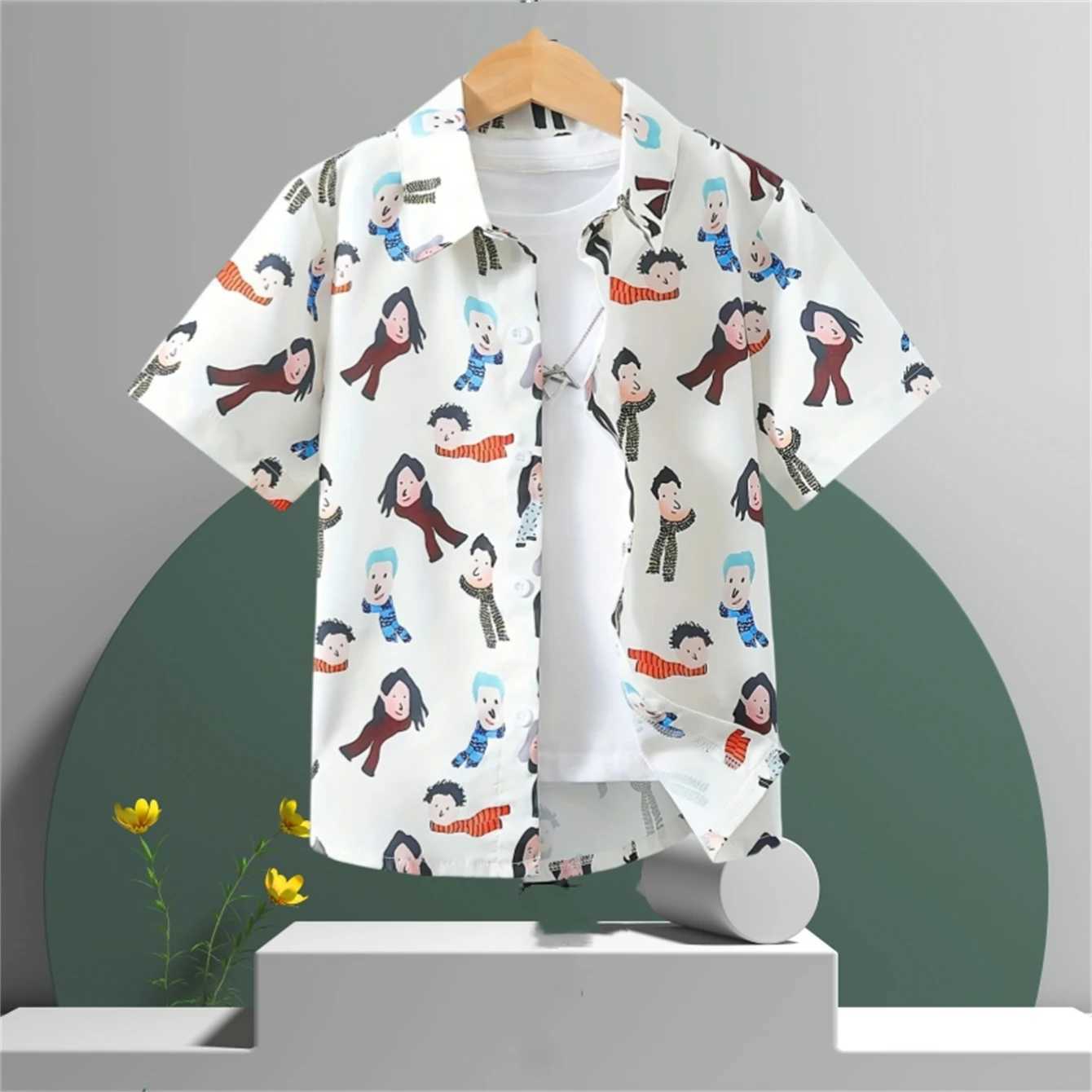2024 childrens clothing cartoon beach print boys creative shirt casual short sleeved top boys summer childrens shirt T-shirtW240729
