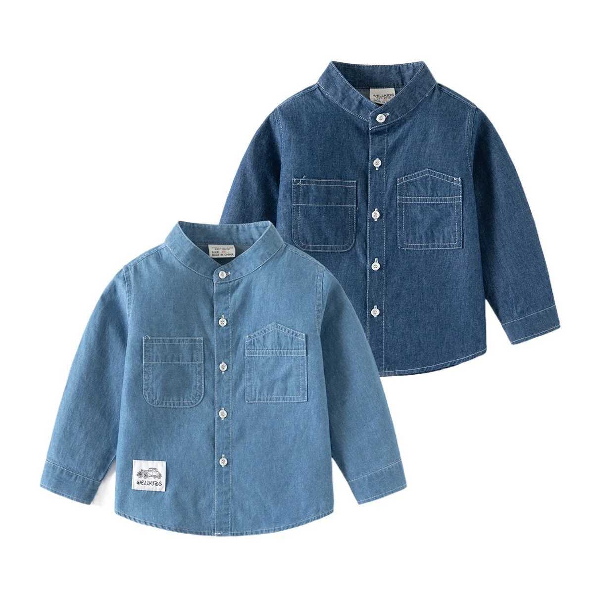 Boys long sleeved denim shirt spring/autumn new arrivals fashionable stand up collar casual top suitable for young children 2 colors for ages 3-8W2407