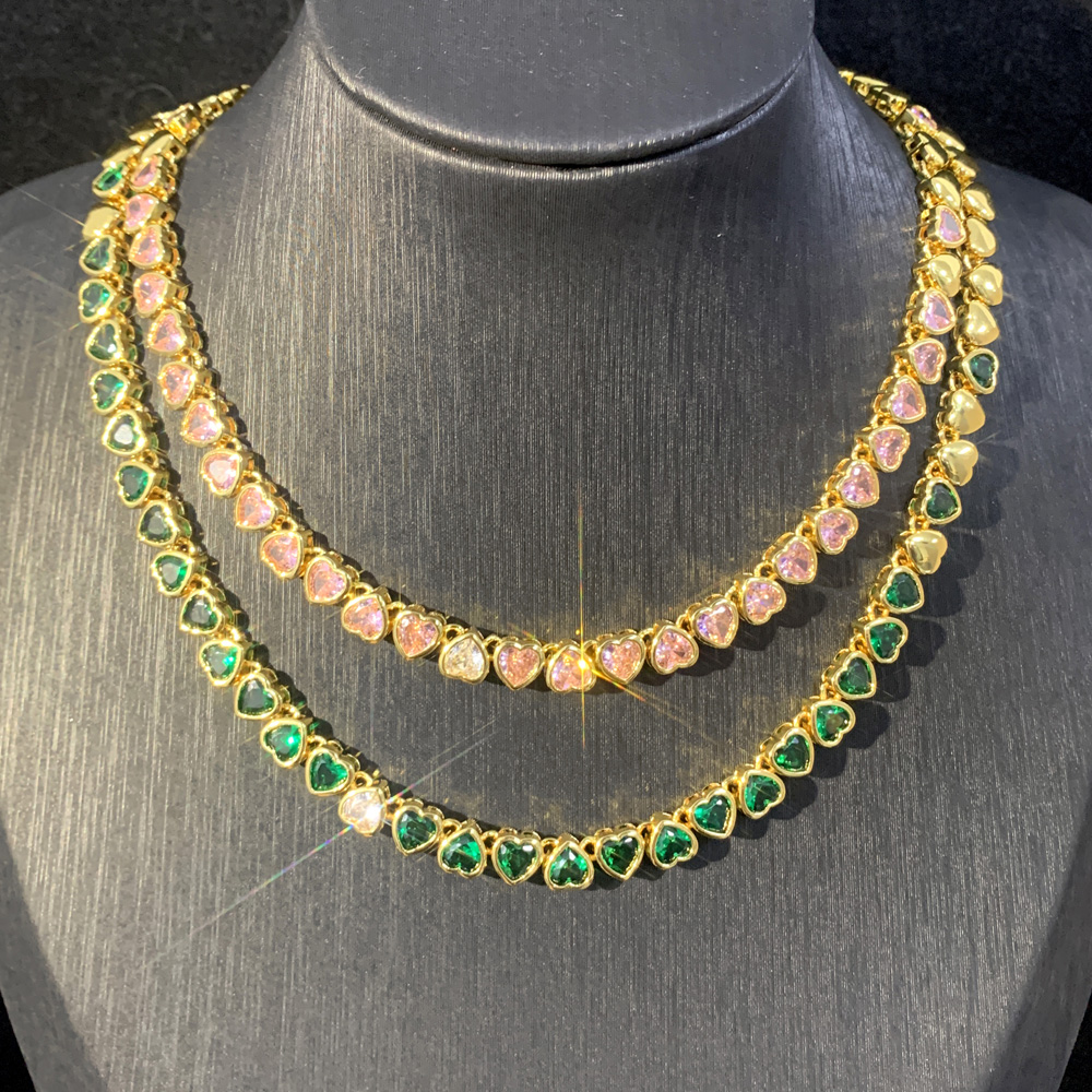 Valentine's Gift Bg Iced Heart Cz Choker Necklace for Women, Gold Color, Green Pink White Cubic Zirconia Tennis Jewelry