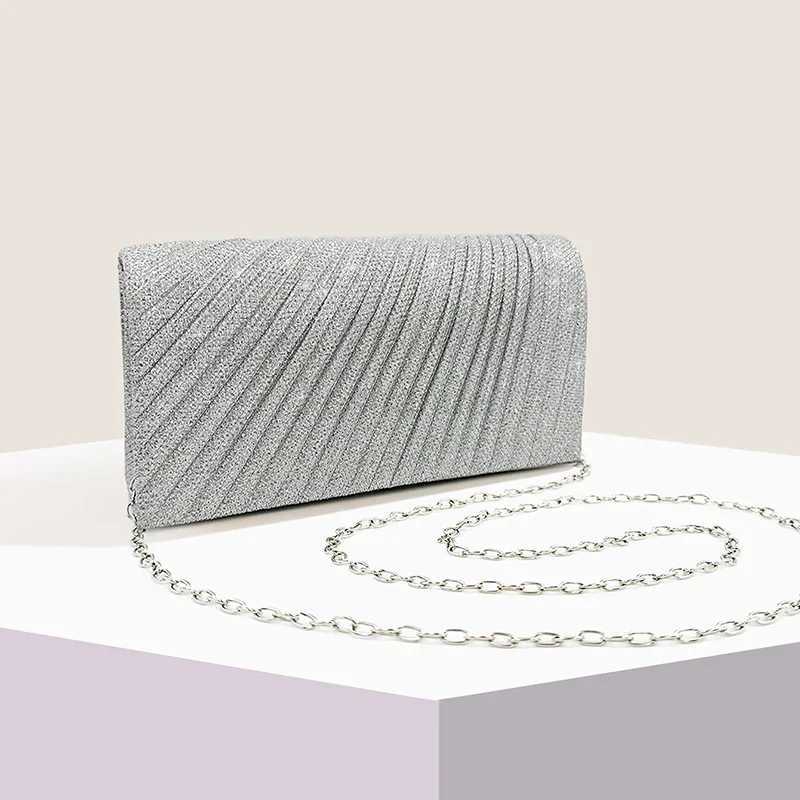 Glitter Envelope Fold Day Clutch for Women Shiny Silver Handbag Fashion Ladies Long Wallet with Chain Evening Bag Party WeddingXJ240729