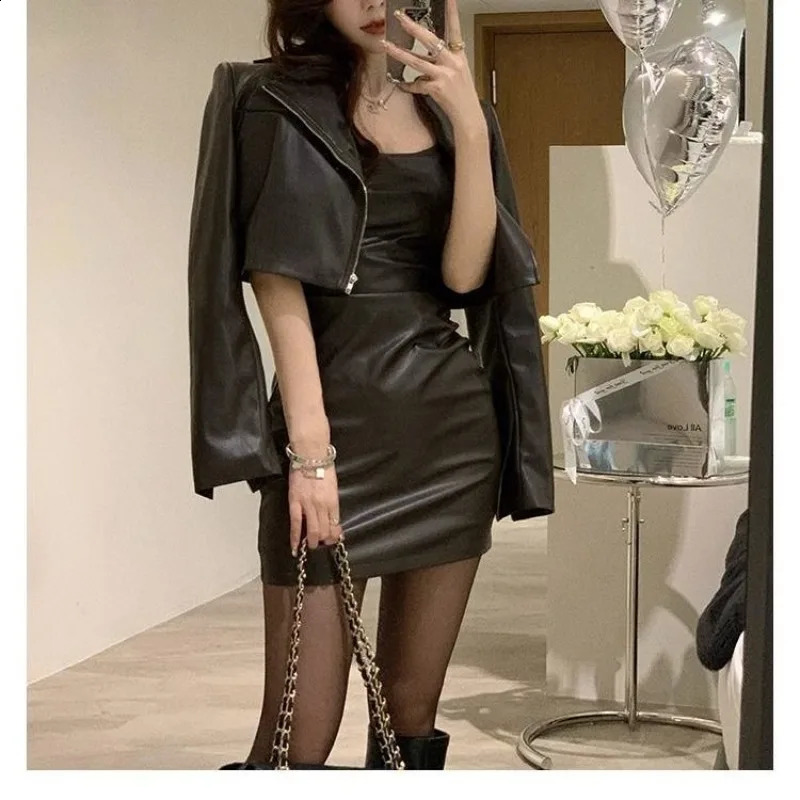 Spicy Girl Motorcycle Leather Coat Hanging Strap Dress Two Piece Set Women Fashion Lapel Temperament Solid Cool Spring Suit 240729