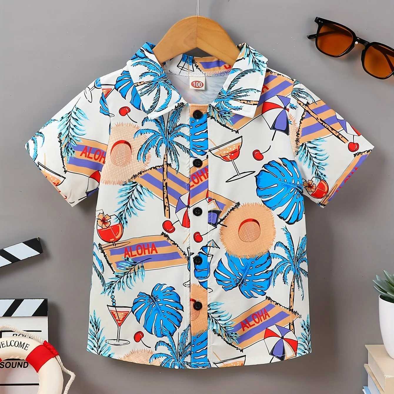 2024 Childrens Clothing Boys Summer Beach and Palm Tree Theme Graphic Full Print Shirt Casual Lightweight Short Sleeve TopW240729