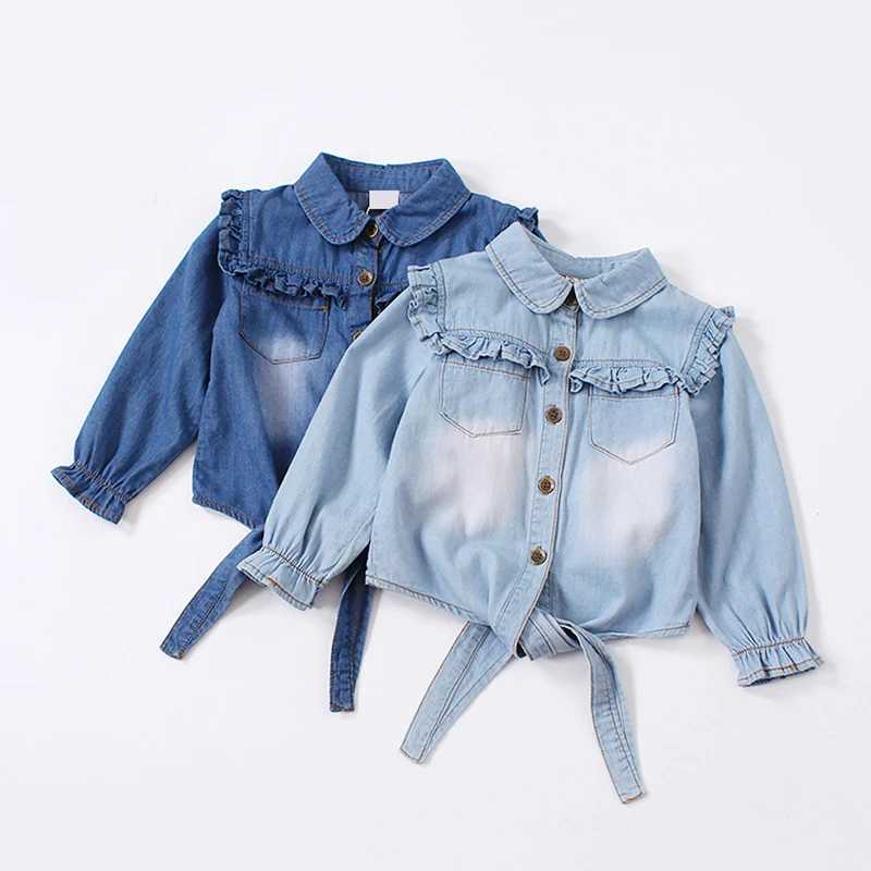 Girls autumn denim shirt casual ruffled shirt childrens tie and knot shirt childrens baby girl long sleeved shirt childrens clothing springW240729