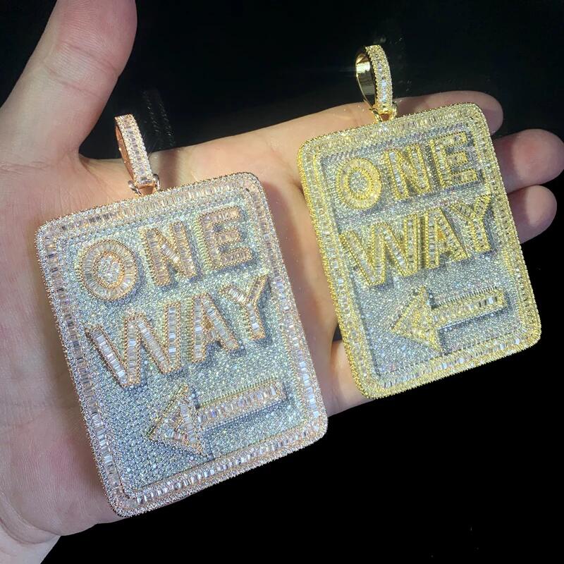 New Iced Out Bling Direction Signs Pendant Necklace Cubic Zirconia Letter One Way Charm Men Fashion Hip Hop Jewelry