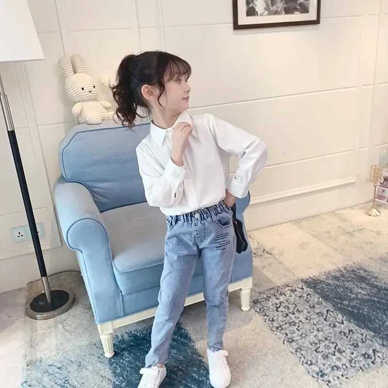 Teen girl cotton white long sleeved shirt childrens lapel school top baby girl solid color top and shirtW240729