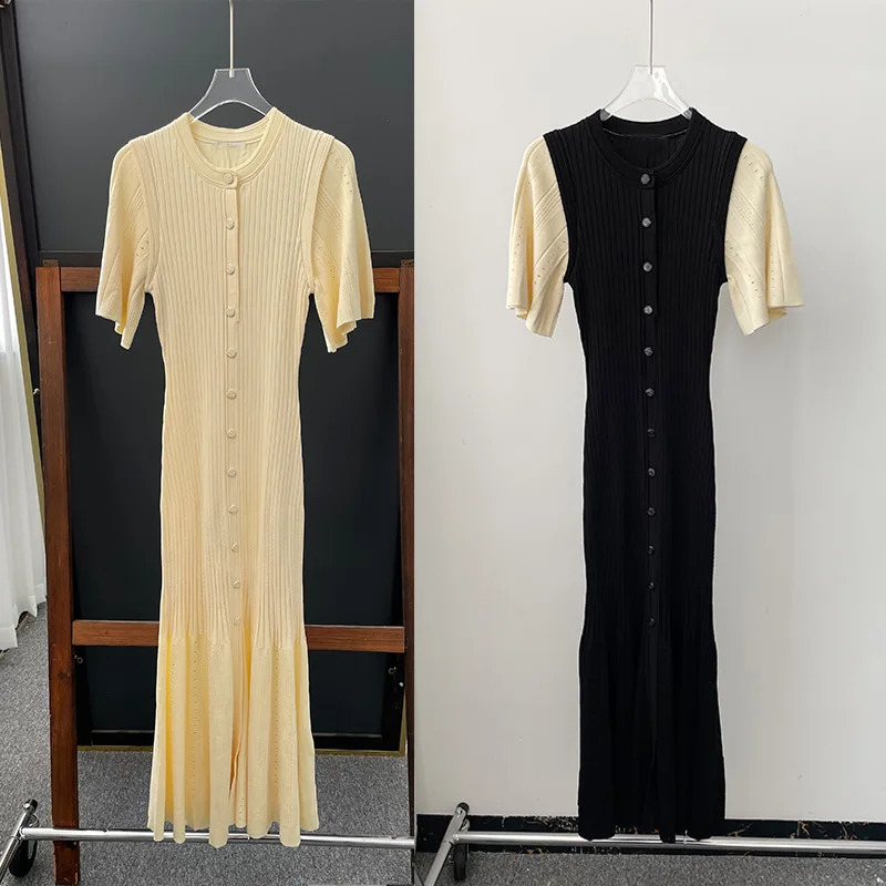 Hollow Out Knitted Maix Dress Women Short Sleeved Single Breasted Slim Dresses Autumn Fashion Elegant Commuting Robes 240729