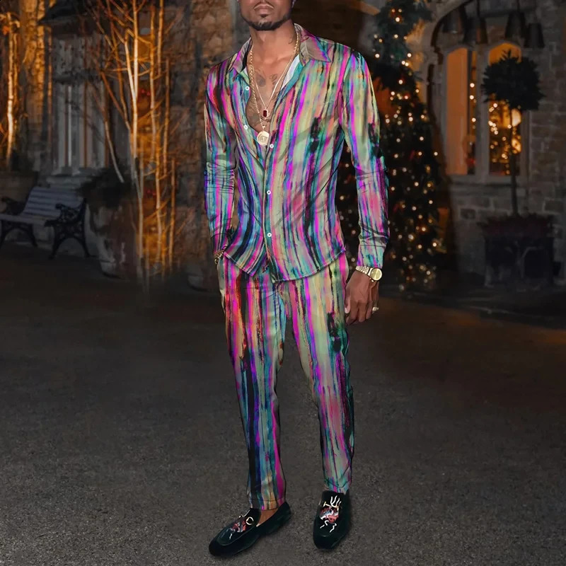 Mens Shirt Suits 3D Print Retro Harajuku Fashion Men Casuan Breathable Lapel Long Sleeve Pants Two Piece Set y240830