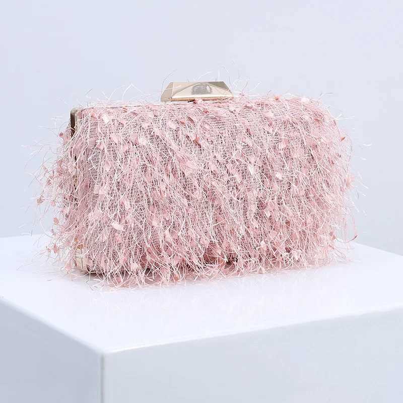 Pink Bag Fashion Tassesl Clutch Bag Women Cute Fluffy Purse Elegant Crossbody Chain Shoulder Wedding Party Bag Female HandbagXJ240729