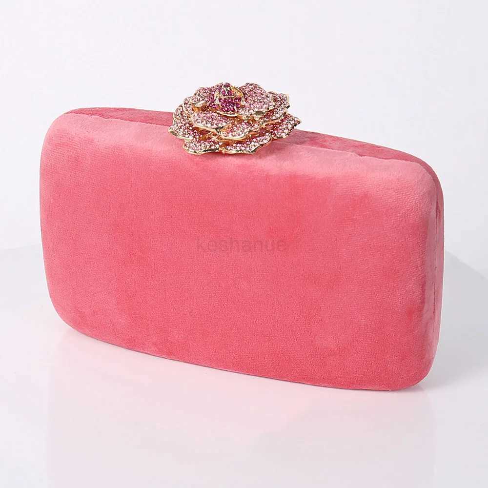 Diamonds Flower Velvet Evening Bag Women New Elegant Chain Banquet Dress Clutch Bag Ladies Wedding Dinner Party Box Small PursesXJ240729